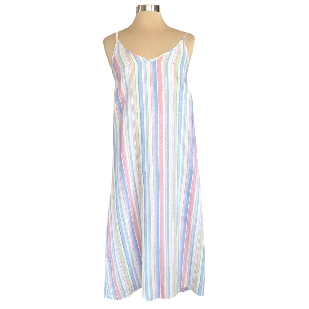 C&C California 100% Linen Multicolor Pastel‎ Striped Midi Dress Women SM Beachy